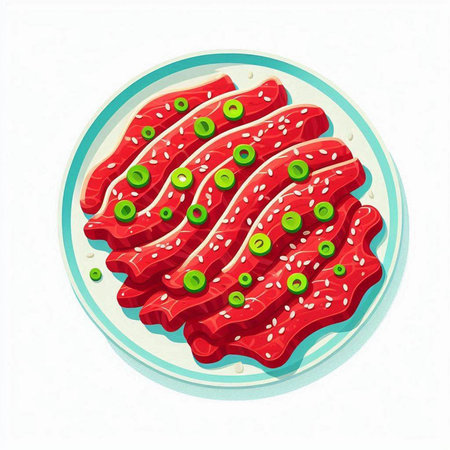 Illustration of fresh raw beef slices with sesame seeds on plateの写真素材