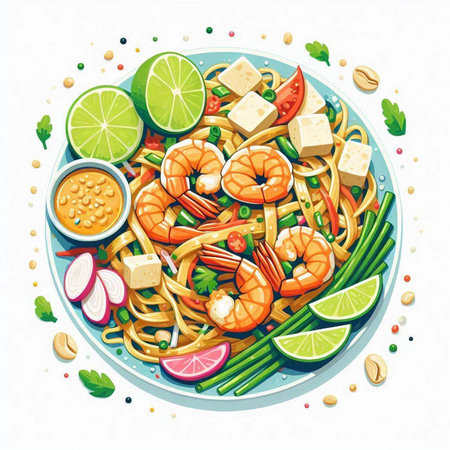 Noodles with shrimps and vegetables in a plate. Vector illustration.の写真素材