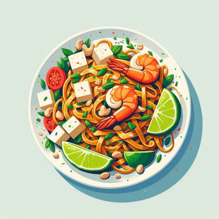 Noodles with shrimp and vegetables on a plate. Vector illustration.