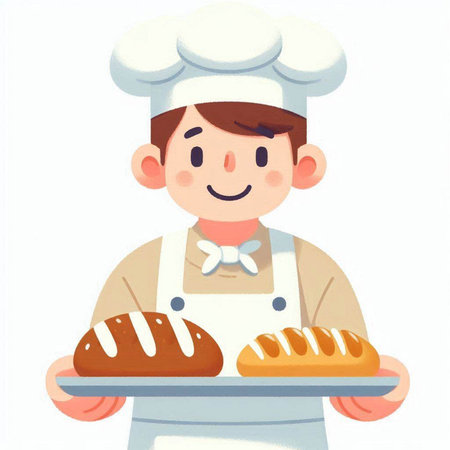 Chef with bread. Vector illustration in cartoon style on white background.の写真素材