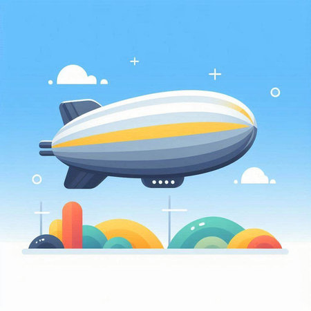 Airship vector illustration. Flat design airship on blue sky background.の写真素材
