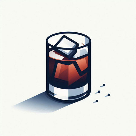 Whiskey with ice in glass on white background. Vector illustration.