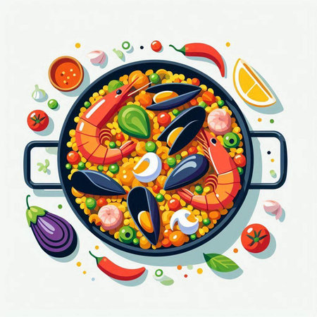 Seafood paella in a pan. Colorful vector illustration.の写真素材