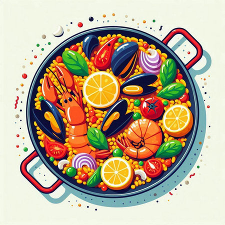 Seafood paella in a frying pan. Vector illustration.の写真素材