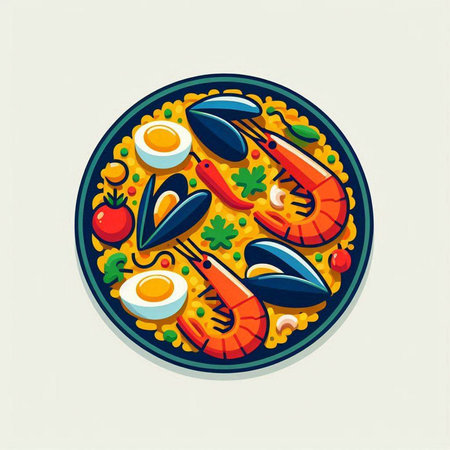 Seafood paella in a round plate. Vector illustration.の写真素材