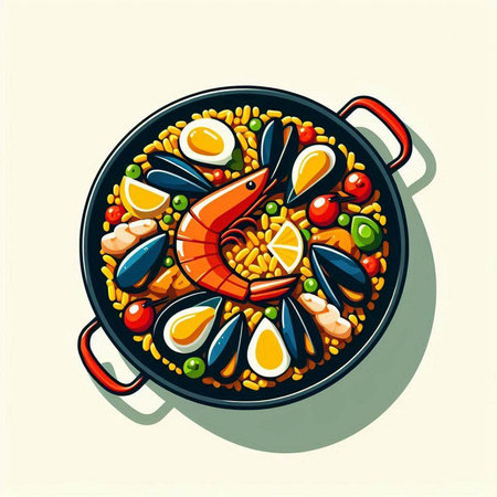 Seafood paella in a frying pan. Vector illustration.の写真素材