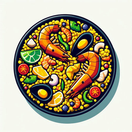 Illustration of seafood dish with prawns, shrimps, mussels, squid, shrimppus, squid, mussels.の写真素材