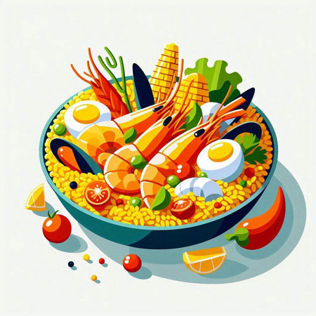 Salad with prawns, eggs and vegetables. Vector illustration.の写真素材