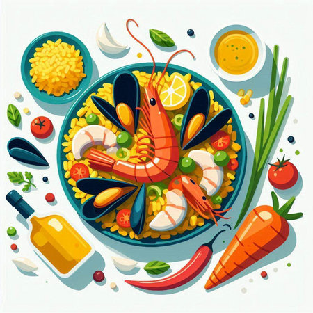 Seafood paella with shrimps, mussels, squid, squid, shrimp, mussels, prawns and vegetables. Vector illustrationの写真素材