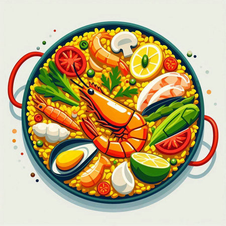Seafood paella in a frying pan, vector illustration.の写真素材
