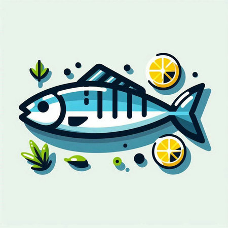 Fish with lemon. Vector illustration in flat style. Design element for logo, label, emblem, sign.の写真素材