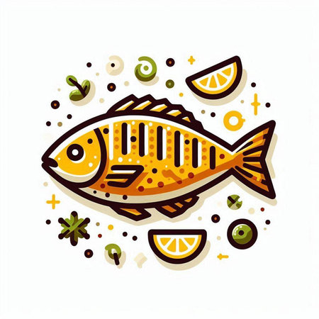Fish icon with lemon and lime. Vector illustration in flat style.