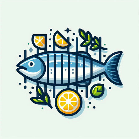 Fish with lemon and olive branch. Vector illustration in trendy linear style.の写真素材