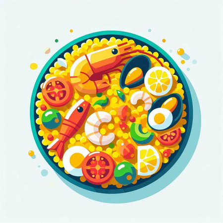 Vector illustration of a colorful round plate with seafood on a light backgroundの写真素材