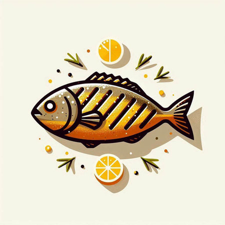 Illustration of fish with lemon and olive branch. Vector illustration.の写真素材