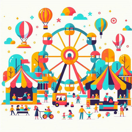 Amusement park vector illustration. Flat style design with people and attractionsの写真素材