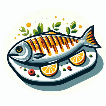 Fish with lemon and parsley on white background. Vector illustration.の写真素材