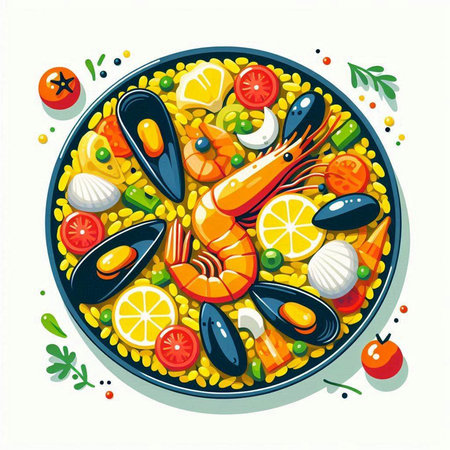 Seafood paella in a plate. Vector illustration on white background.の写真素材