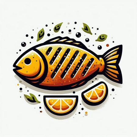 Vector illustration of a fish with orange slices on a white background.