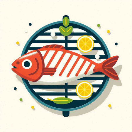Fish grill with lemon and herbs. Vector illustration in flat style.