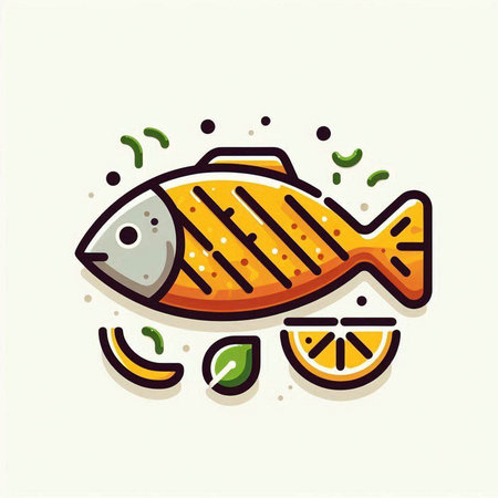 Fish with lemon and mint. Vector illustration in flat cartoon style.