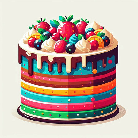 Birthday cake with strawberry, blueberry and cream. Vector illustration.