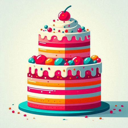 Birthday cake with cherry and candies. Vector illustration in retro style