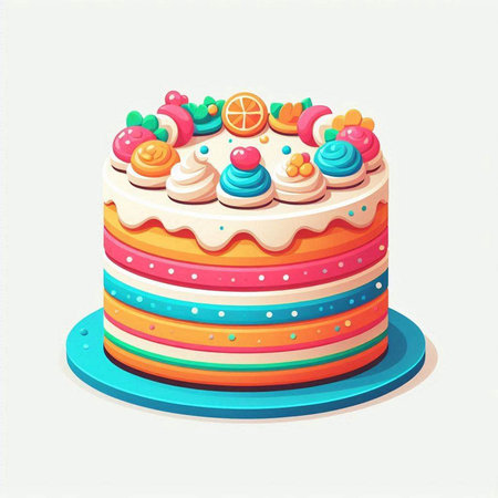 Colorful birthday cake isolated on white background. Vector illustration in cartoon style.の写真素材