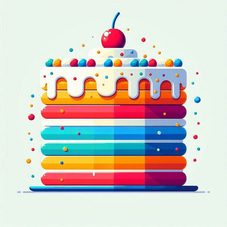 Colorful birthday cake with cream and cherry on top. Vector illustration.