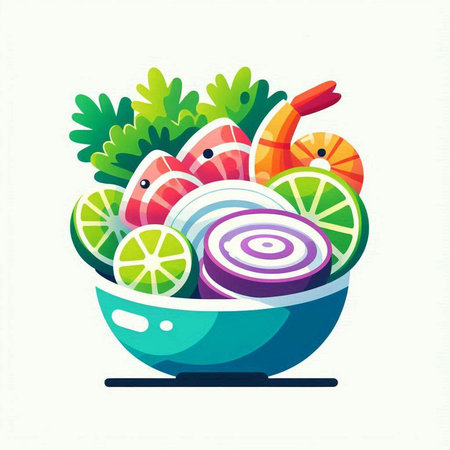 Illustration of fresh seafood in bowl on white background. Vector illustration.の写真素材