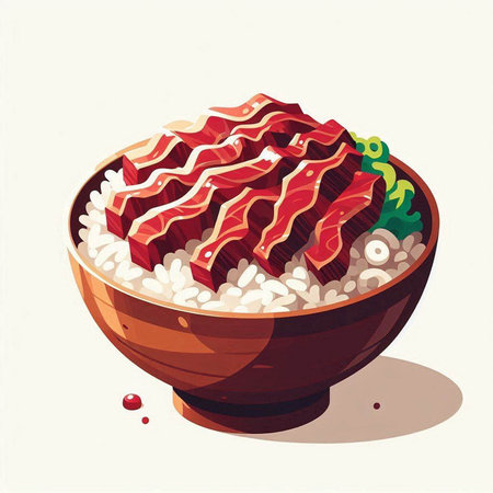 Illustration of a bowl of rice with sliced beef on top.の写真素材