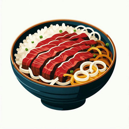 Illustration of japanese rice bowl with beef and vegetables.の写真素材