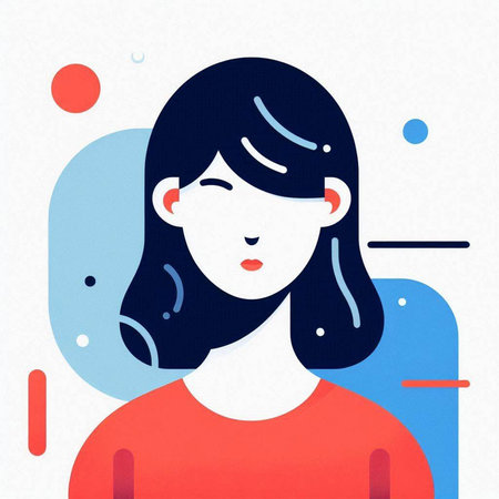 Vector illustration of a young woman with long hair and red t-shirt