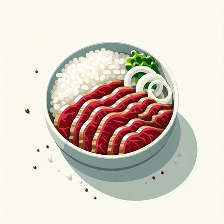 Illustration of a bowl of rice with beef and onion on a white background