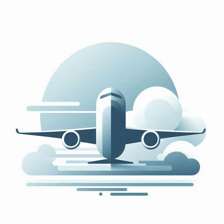 Airplane flying in the blue sky with clouds. Vector illustration.