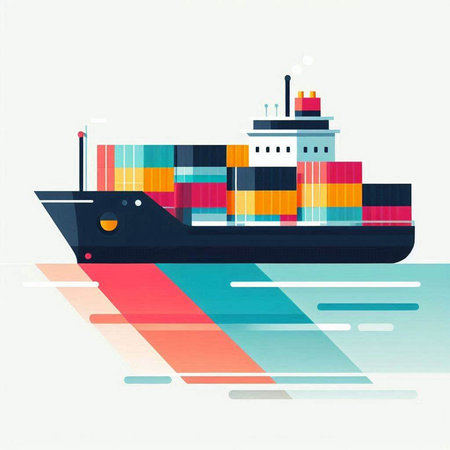 Cargo ship in the sea. Freight transportation. Vector illustration