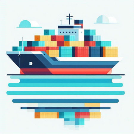 Cargo ship in the sea. Freight transportation. Vector illustration.