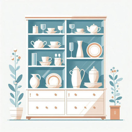 Vector illustration of a shelf with dishes and cups in a flat style