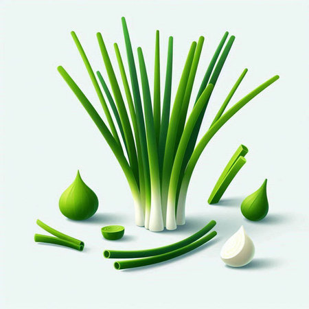 Fresh green onion and water drops. Vector illustration for your design.