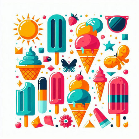 Summer background with ice cream. Vector illustration in flat cartoon style.