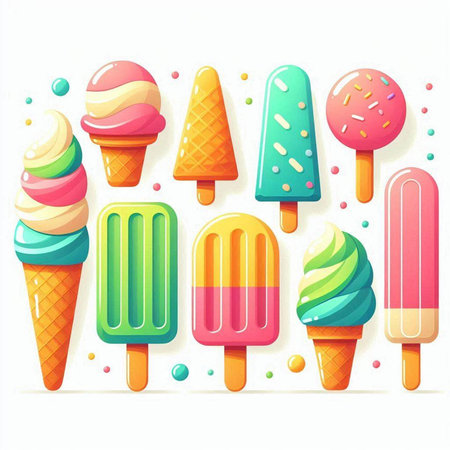Ice cream vector illustration. Colorful ice creams with sprinkles.