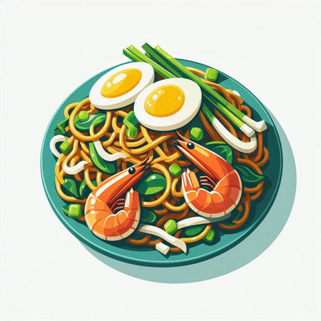 Noodles with shrimps, eggs and vegetables. Vector illustration.
