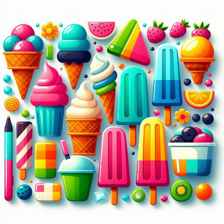 Ice cream background with colorful fruit and ice cream. Vector illustration.