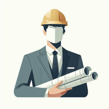 Engineer holding blueprints. Vector illustration in flat style. Businessman with hard hat.