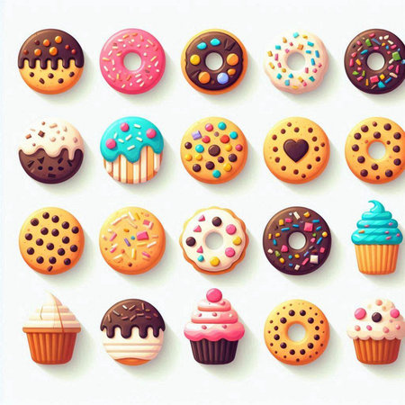 Set of different donuts with glaze and sprinkles. Vector illustration.