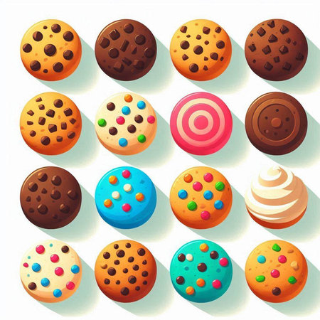 Illustration of a set of colorful cookies on a white background.