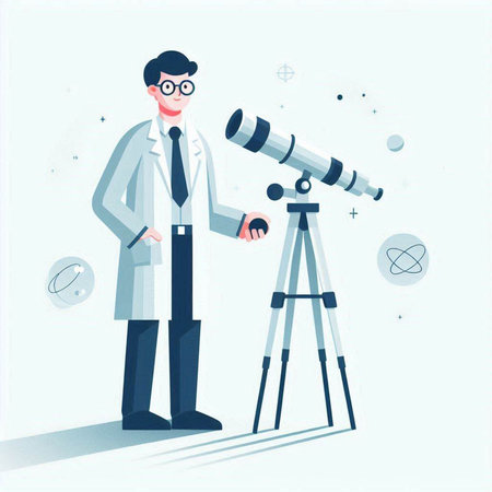 Scientist looking through a telescope. Vector illustration in flat style.