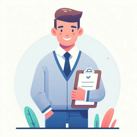 Man holding clipboard with checklist. Flat vector illustration. Business concept.