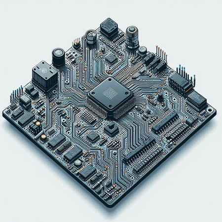 Circuit board. Electronic computer hardware technology. Motherboard digital chip. 3D rendering