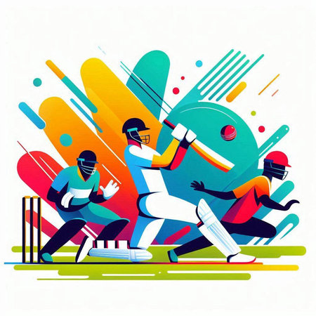 Cricket players in action. Vector illustration in flat style.
